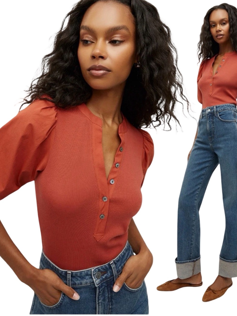 $198 New VERONICA BEARD Coralee Button-Front Puffed Sleeve Top Sz XS Brick Red